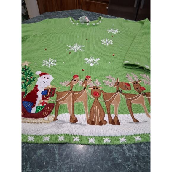 Quacker Factory Women’s 2x Christmas Sweater Green Santa Reindeer Embroidered - Picture 2 of 11